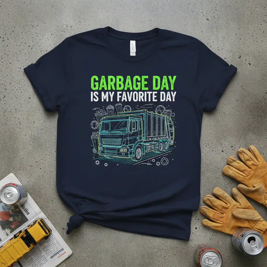 Garbage Day Is My Favorite Day quote on a navy tee with a neon garbage truck graphic