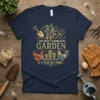 T-shirt design with text "I Just Want to Work in My Garden and Hangout with My Chickens", featuring potted plants