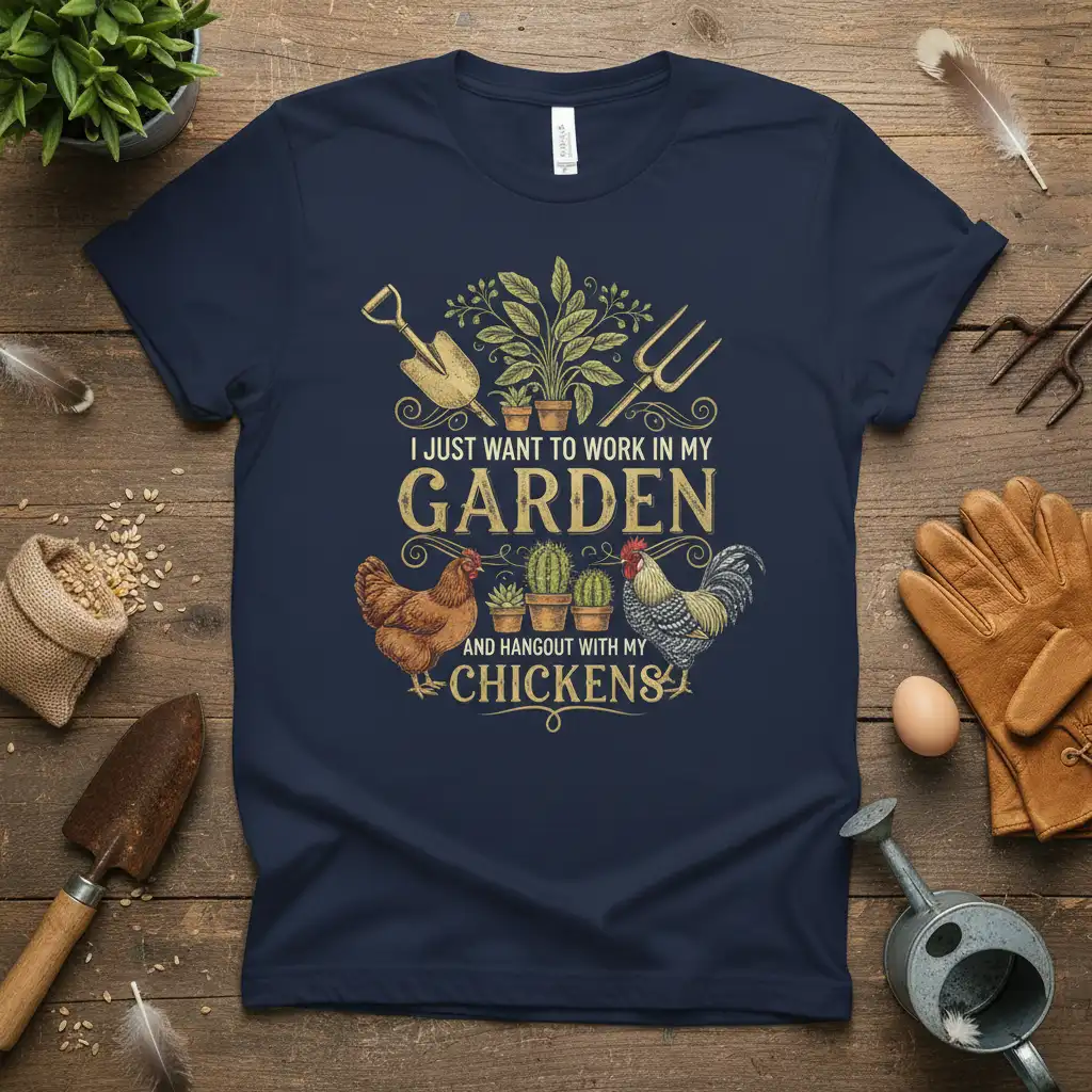 I JUST WANT TO WORK IN MY GARDEN AND HANGOUT WITH MY CHICKENS quote with gardening graphics and chickens illustration on t-shirt