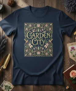 Garden City text in a decorative floral border, featuring birds and botanical elements on a navy blue t-shirt