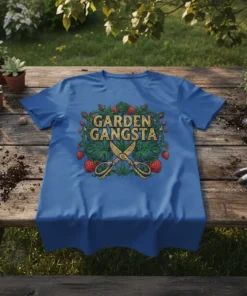 Garden Gangsta T-Shirt featuring bold gold text, scissors, cannabis leaf, and strawberries, with Monstera leaves and roses