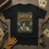 Garden Gangster T-Shirt featuring bold text and intricate gardening graphics including a watering can, gloves, and plants