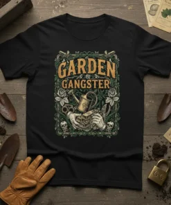 Garden Gangster T-Shirt featuring bold text and intricate gardening graphics including a watering can, gloves, and plants
