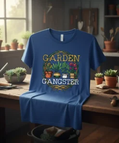 Garden Gangster t-shirt design featuring bold text and potted plants including a Venus flytrap and flowers