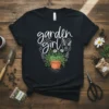 Garden Girl t-shirt with white script text and a potted succulent design