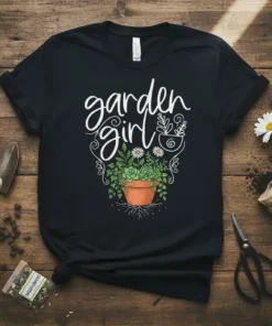 Garden Girl t-shirt with white script text and a potted succulent design