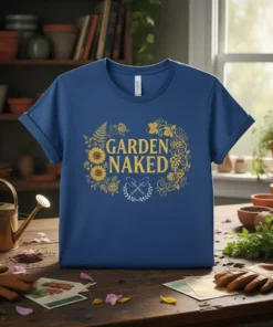Garden Naked funny gardening t-shirt with floral wreath and gardening tools graphic