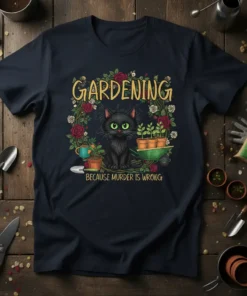Black cat wearing a floral wreath with the text "GARDENING BECAUSE MURDER IS WRONG" on a navy t-shirt