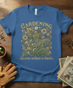 Gardening Because Murder Is Wrong quote with ornate floral and ladybug graphic on a blue t-shirt