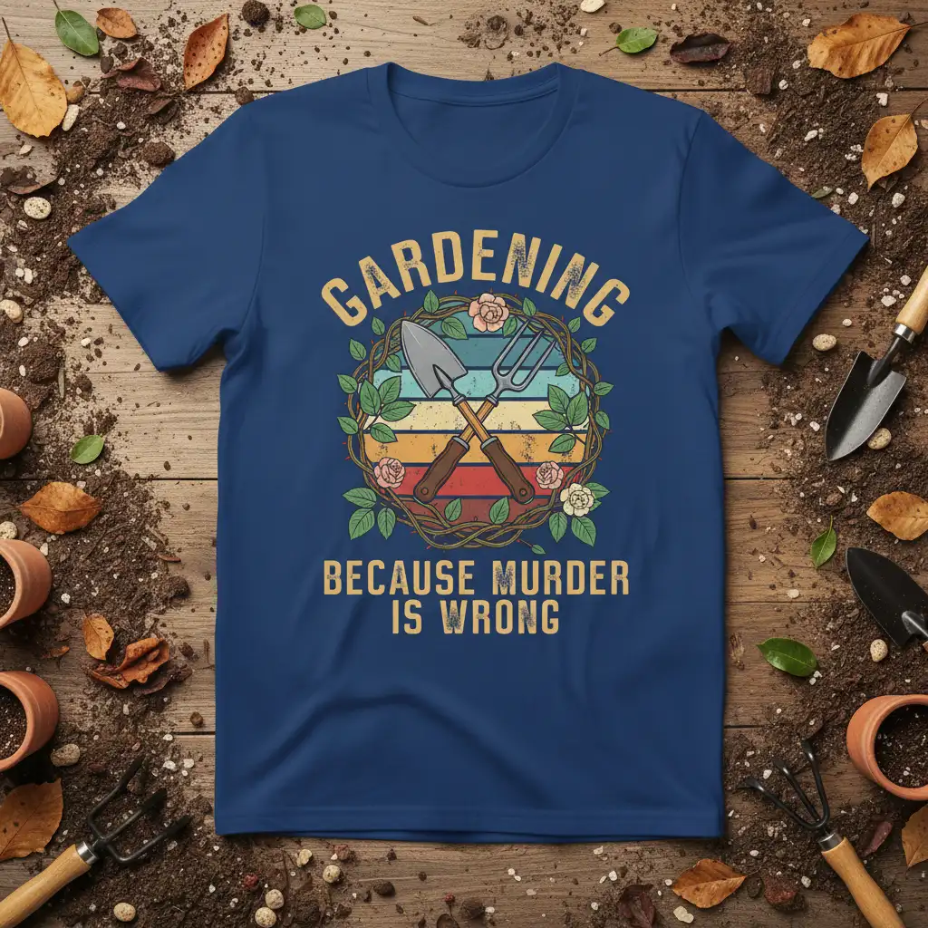Gardening Because Murder Is Wrong humorous quote on a t-shirt with vintage gardening tool graphics and floral accents
