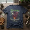 Gardening Because Murder is Wrong t-shirt with a Venus flytrap design and witty text, navy blue tee