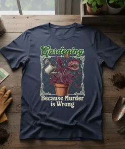Gardening Because Murder is Wrong t-shirt with a Venus flytrap design and witty text, navy blue tee