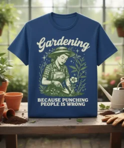 Gardening Because Punching People Is Wrong humorous quote t-shirt featuring a vintage woman tending to plants