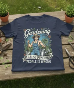 Gardening Because Punching People Is Wrong quote with a strong female gardener graphic on a navy t-shirt