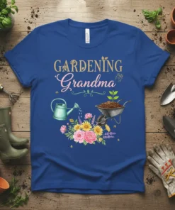 Gardening Grandma t-shirt with floral design, watering can, wheelbarrow, and flowers
