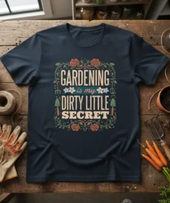 Gardening is my Dirty Little Secret quote on a dark navy t-shirt with floral and gardening tool graphics