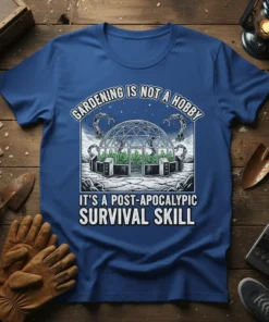 Gardening Is Not A Hobby It's A Post-Apocalyptic Survival Skill quote on a blue t-shirt with a geodesic dome greenhouse