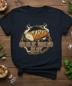 Garlic Bread Slut funny quote t-shirt featuring a stylized illustration of a garlic loaf