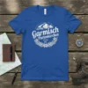 Garmisch Partenkirchen Bayern Alpspitze Kramer T-Shirt with mountain graphic and floral wreath, white text on blue tee