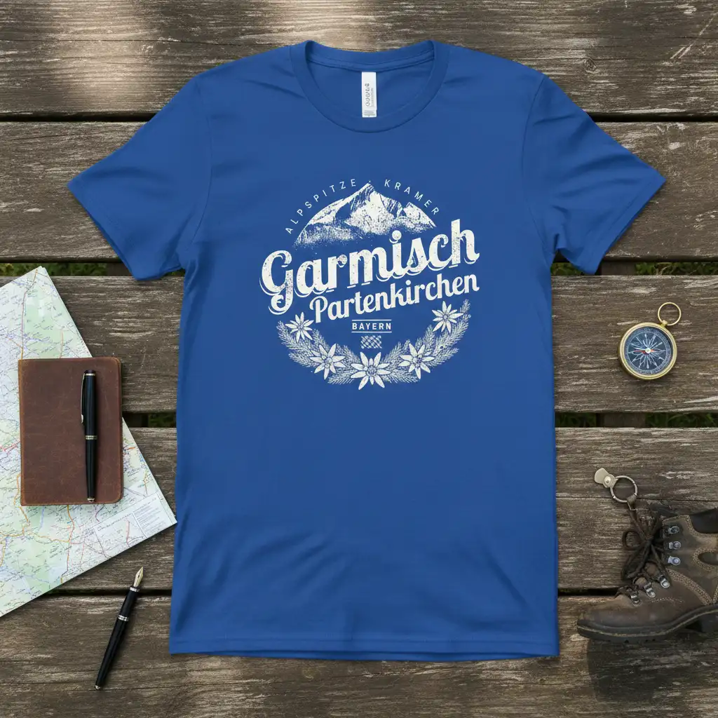 Garmisch Partenkirchen Bayern Alpspitze Kramer text with mountain graphic and floral wreath on a blue t-shirt