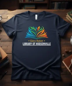 Gary Byker LIBRARY OF HUDSONVILLE t-shirt with colorful open book graphic and white text