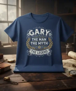 Gary The Man The Myth The Legend text design on a navy blue t-shirt, featuring vintage laurel wreath and shield