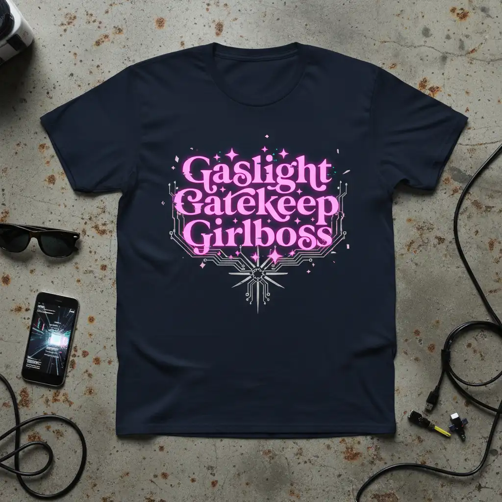 Gaslight Gatekeep Girlboss quote in pink neon with circuit board design on a dark navy t-shirt