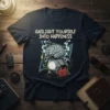 Gaslight Yourself Into Happiness quote t-shirt featuring a raccoon character with a brain, holding a gas can and a lighter