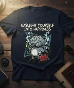 Gaslight Yourself Into Happiness quote t-shirt featuring a raccoon character with a brain, holding a gas can and a lighter
