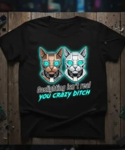 Gaslighting isn't real you crazy bitch quote on black t-shirt with cyber cat graphics, neon blue outline, futuristic style