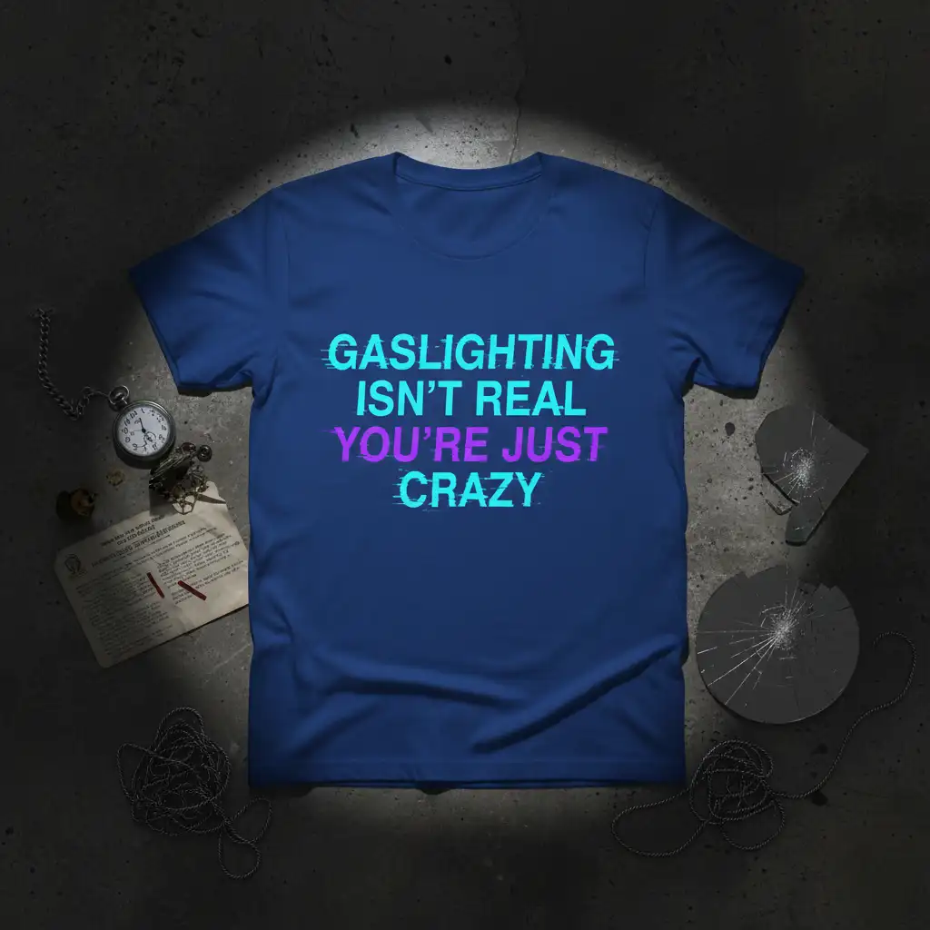 Gaslighting Isn't Real You're Just Crazy quote with glitch text effect on a navy blue t-shirt