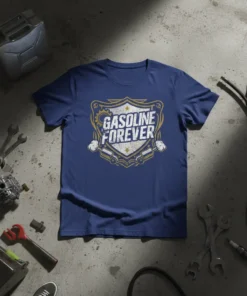 Gasoline Forever t-shirt design with vintage shield, gears, pistons, and text in white and gold