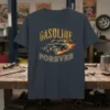 GASOLINE FOREVER hot rod t-shirt with flames and checkered pattern, vintage auto design
