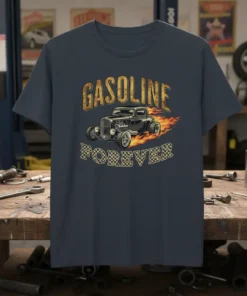 GASOLINE FOREVER hot rod t-shirt with flames and checkered pattern, vintage auto design