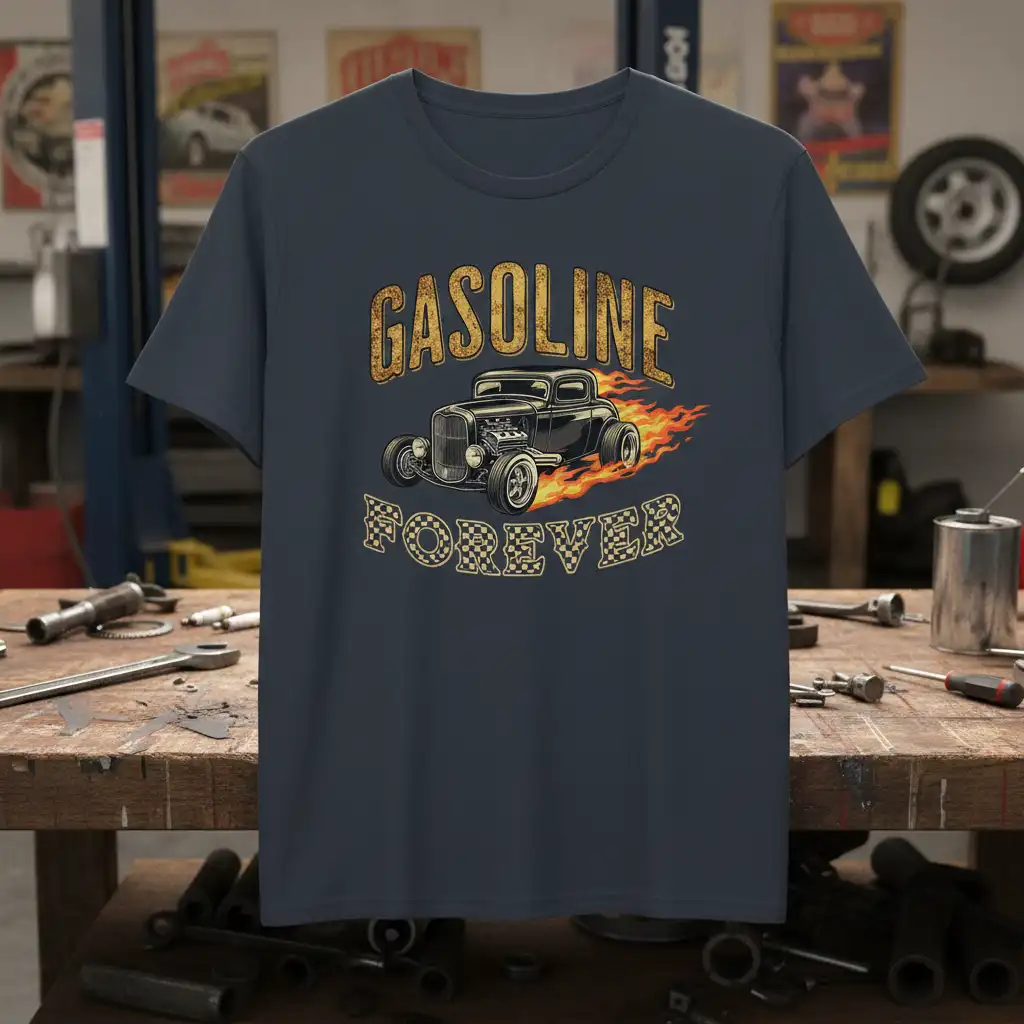 GASOLINE FOREVER vintage hot rod t-shirt design with flaming accents and checkered details