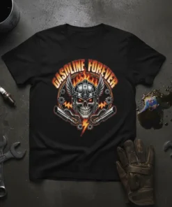 Gasoline Forever t-shirt with a winged skull, exhaust pipes, and flames graphic