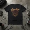 Black t-shirt with "Gasoline FOREVER" text and vintage piston engine graphic in red and gold