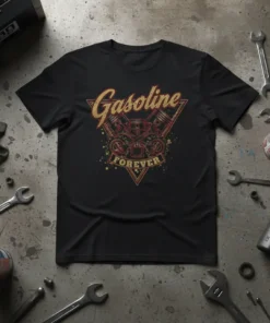 Black t-shirt with "Gasoline FOREVER" text and vintage piston engine graphic in red and gold