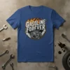 Gasoline Forever T-Shirt with a classic V8 engine and flames graphic, designed for car enthusiasts