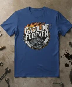 Gasoline Forever T-Shirt with a classic V8 engine and flames graphic, designed for car enthusiasts