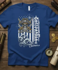 Gasparilla T-Shirt featuring a pirate skull with crossed swords and waves, designed with a distressed American flag background