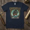 Gasparilla Tampa FL 2025 t-shirt featuring a pirate ship in stormy seas and a skull and crossbones flag