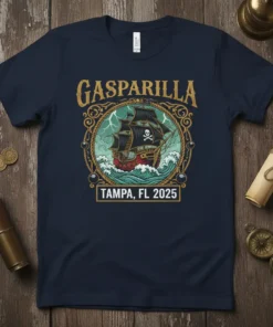 Gasparilla Tampa FL 2025 t-shirt featuring a pirate ship in stormy seas and a skull and crossbones flag