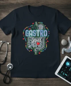 Gastro Squad t-shirt design featuring the words "GASTRO" and "Squad" above an illustration of the digestive system, surrounded by positive