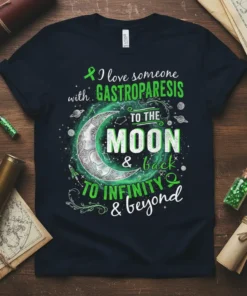 T-shirt with "I love someone with Gastroparesis To The Moon & Back To Infinity & Beyond" text and moon graphic