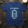Gate Guardian Jerald T-Shirt featuring a stylized hooded figure standing at a glowing portal, with text above and below