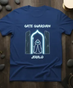 Gate Guardian Jerald T-Shirt featuring a stylized hooded figure standing at a glowing portal, with text above and below
