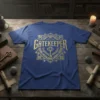 Gatekeeper t-shirt design with a golden mystical key and geometric border on a navy blue tee