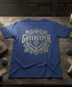Gatekeeper t-shirt design with a golden mystical key and geometric border on a navy blue tee
