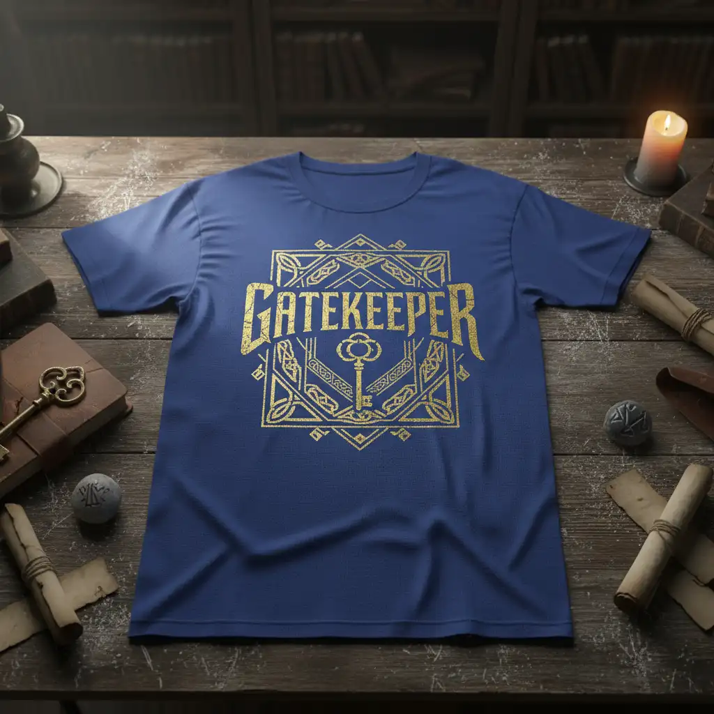 Golden Gatekeeper text and mystical key symbol on a navy blue t-shirt, perfect for fantasy apparel lovers